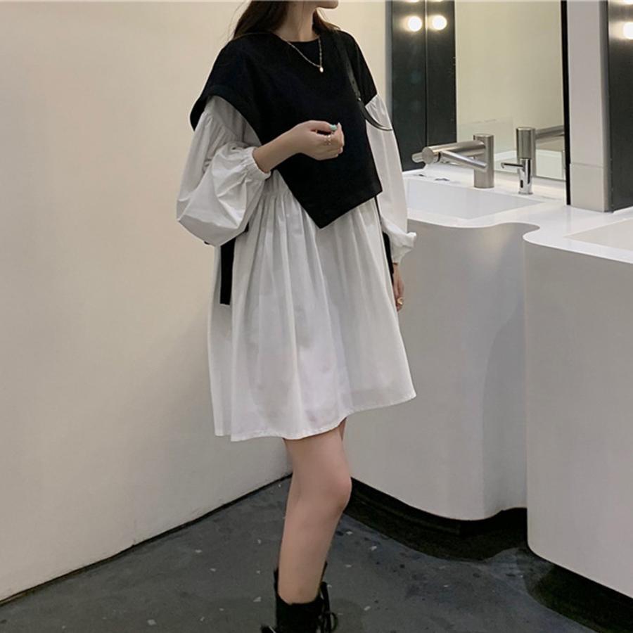 シャツワンピース | 長袖ワンピース おしゃれ チュニックワンピ 白 ベストレイヤード風 レディース アシンメトリー きれいめ