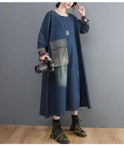 デニムワンピース | ワンピース デニム レディース 40代 ロング チュニック 長袖 ゆったり かわいい 大きいサイズ 藍 大きいポケット 体型カバー