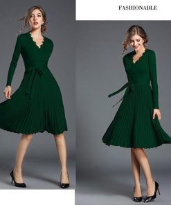 ミディアム | ワンピース レディース ひざ丈ワンピ フレアワンピース Ｖネック 長袖 体型カバー ワンピース 通勤 二次会 カジュアル パーティー 上品 リボン付き