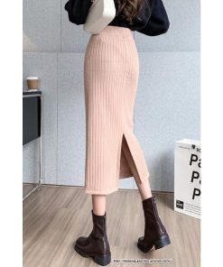 スカート | ニットストレッチレディース 秋冬 ロング丈 ミモレ丈 後ろスリット入れ タイトウエストゴム スリム リブニット 大人