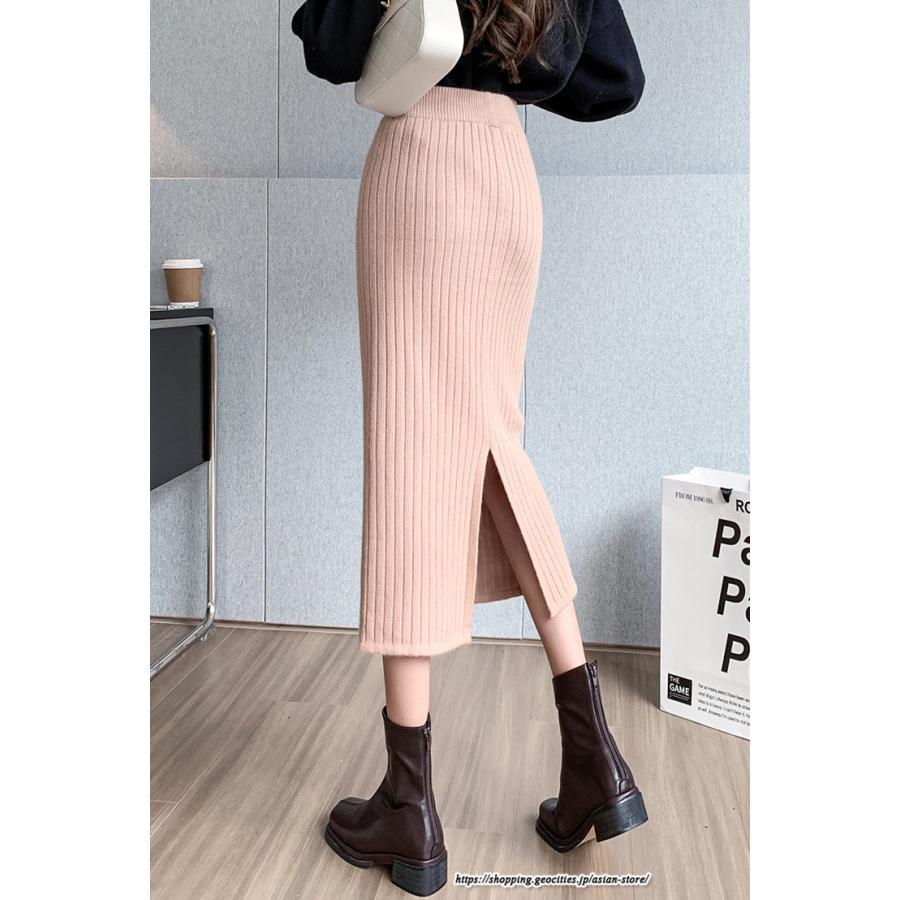 スカート | ニットストレッチレディース 秋冬 ロング丈 ミモレ丈 後ろスリット入れ タイトウエストゴム スリム リブニット 大人