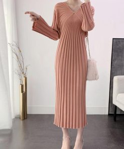 ワンピース | ニット秋冬 レディース ミモレワンピ きれいめ 膝丈下 Vネック フェミニン 長袖リブニット