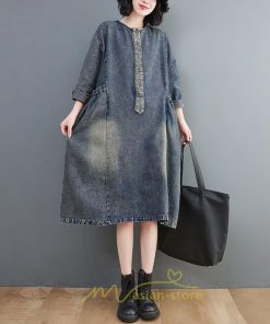 デニムワンピース | ワンピース デニム レディース 40代 ロング チュニック 長袖 ゆったり 大きいサイズ 20代30代50代 ロング丈 体型カバー 膝丈