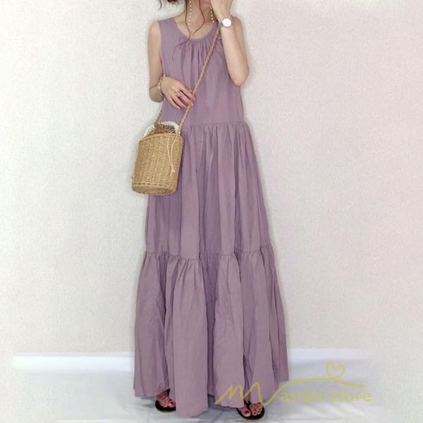マキシ | ロングワンピース ノースリーブ タンクワンピース Aラインワンピース 揺れる ゆったり 海 旅行 レディース 秋服 無地 可愛い 夏物 インナー 後ろレースアップ