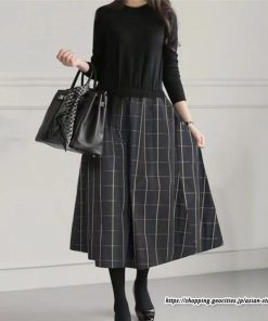フレア | ドッキングワンピース ニットワンピース 無地 チェック柄 長袖 レディース 秋物 ワンピース 切替 グレーチェックスカート ニット 30代60代 フレアワンピース