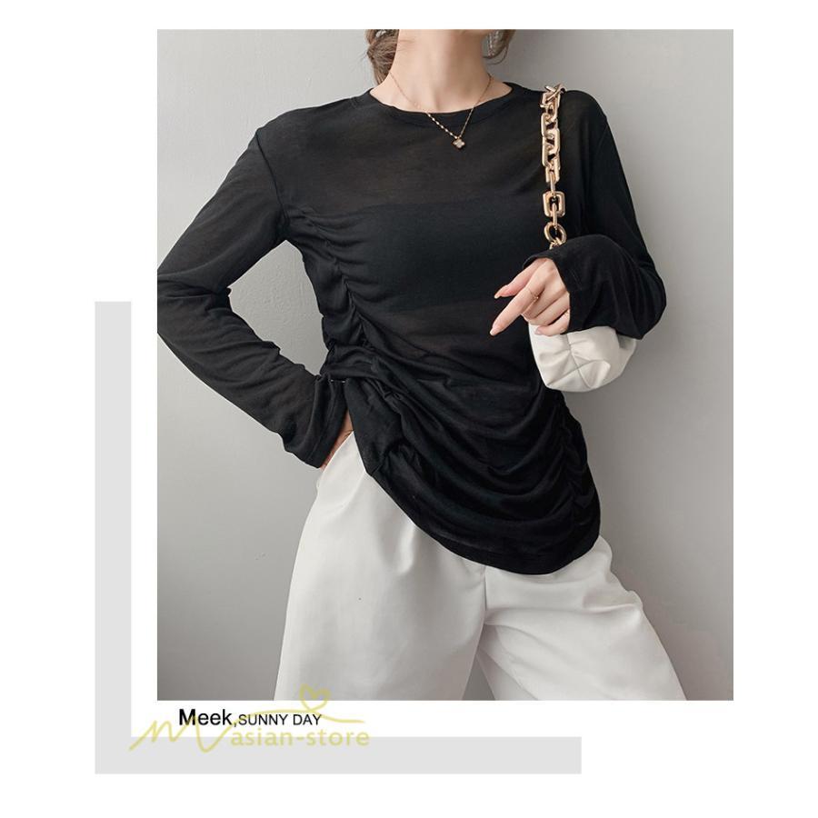 tシャツ・カットソー | Tシャツ Tシャツ レディース 無地 長袖 トップス カジュアルTシャツ おしゃれ クルーネック 秋服 夏秋 インナー 日常感 大きいサイズ 薄手 タック ゆったり 上品