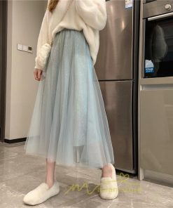 スカート | チュール秋冬 チュールフレアロングキラキラ ふんわり ウエストゴム レディース Aラインミモレ丈可愛 キレイめ ボトムス