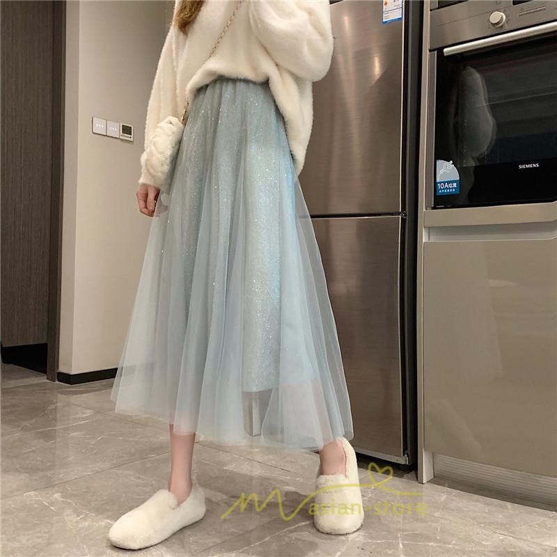 スカート | チュール秋冬 チュールフレアロングキラキラ ふんわり ウエストゴム レディース Aラインミモレ丈可愛 キレイめ ボトムス