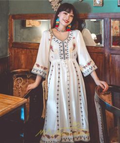 マキシ | 七分袖ワンピース Vネック ロング丈ワンピース エスニック ボヘミアン レディース 夏秋 綿麻 きれいめ フォーマル キレイめ 上品 ゆったり 大人 体型カバー