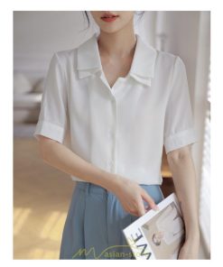シャツ・ブラウス | トップス ブラウス 半袖 シャツ レディース オフィス フォーマル 白 黒 開襟 二重襟 バブルスリーブ 着痩せ フランス風 仕事服 クラシック 無地 通勤 大人 上品