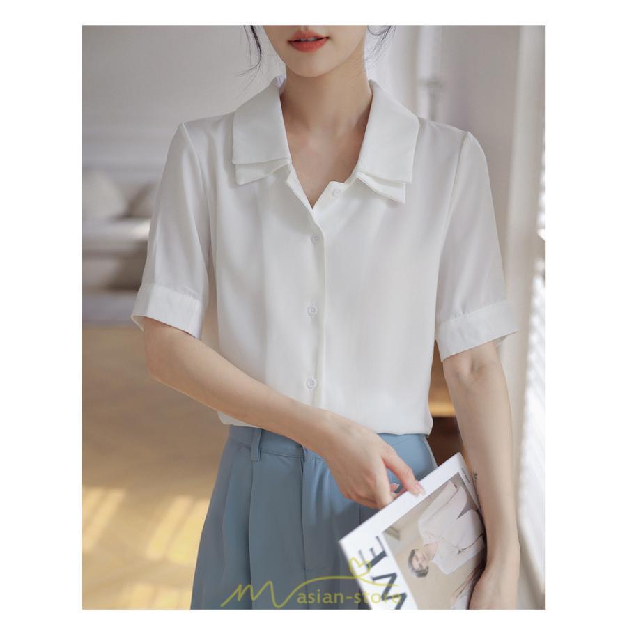 シャツ・ブラウス | トップス ブラウス 半袖 シャツ レディース オフィス フォーマル 白 黒 開襟 二重襟 バブルスリーブ 着痩せ フランス風 仕事服 クラシック 無地 通勤 大人 上品