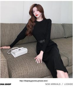 ミディアム | ワンピース 無地 きれいめ 30代 40代 50代 着やせ 上品 大きいサイズ ミモレ丈 長袖 春夏秋冬 丸首 ミモレ丈 ひざ丈 長袖 パフスリーブ