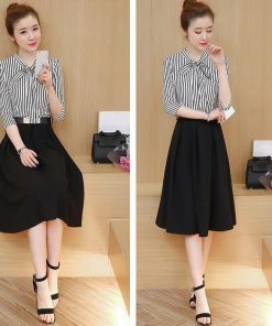 ミディアム | 即日発送 ワンピース フレアワンピース レディース ミディアムワンピース ひざ丈 七分袖 ストライプ ハイウエスト OLワンピ リボン付き ドッキングワンピース