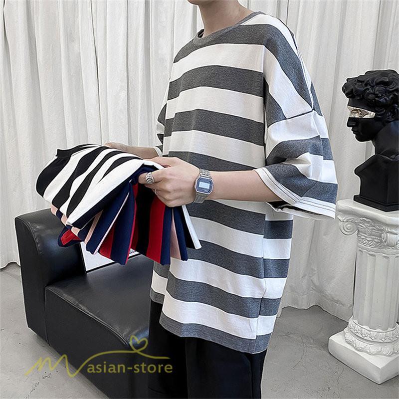 Tシャツ | カットソー 半袖トップス メンズボーダー カジュアル クルーネック ゆったり 夏新作 夏服 シンプル おしゃれ 大きいサイズ 5分袖