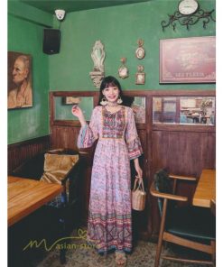 マキシ | ワンピース 長袖 レディース ロング丈 コットン Aライン ゆったり 体型カバー 大人 可愛い ナチュラル 春 夏 秋 海外旅行 フェミニン 着痩せ Vネック エスニック