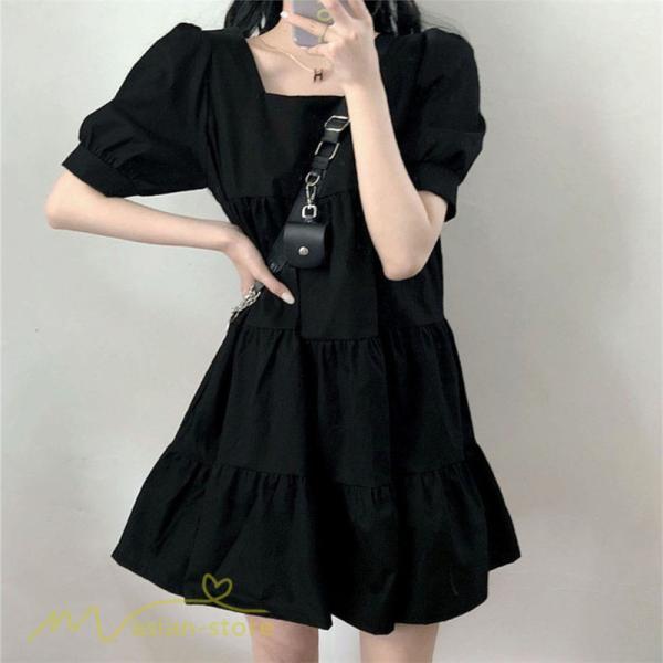 ミニ丈 | ワンピース 無地 レディース ショートワンピース 半袖 かわいい スクエアネック サマーワンピース 夏新作 カジュアル 黒 Aラインワンピース XL ゆったり 白