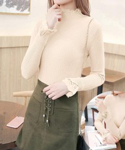 ニット・セーター | スリムフィット ニットウェア リブニット レースフリル襟 ニットソー レディース 長袖 ニットセーター ハイネック トップス