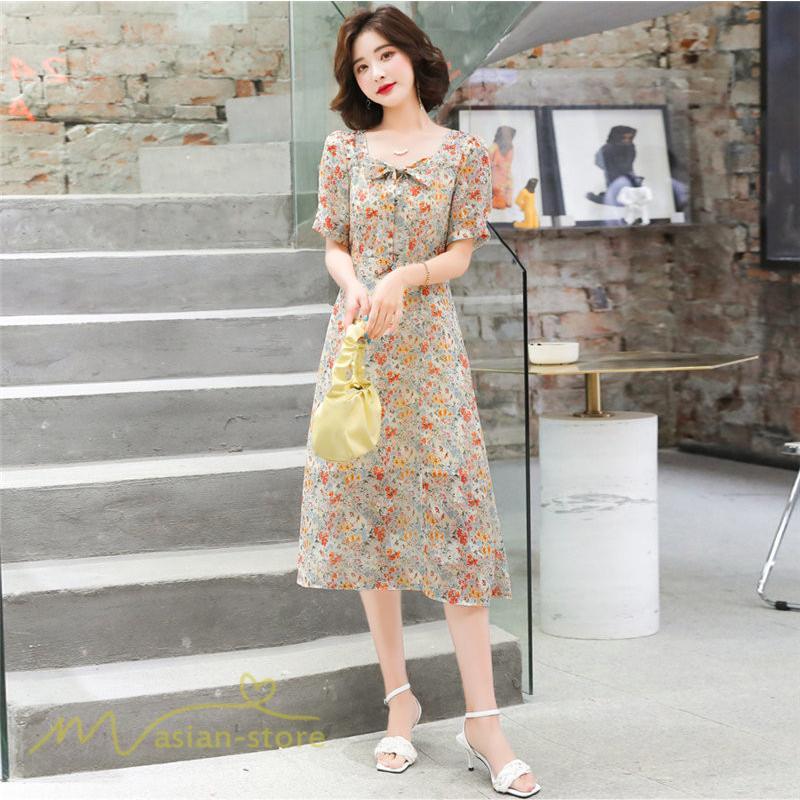 ミディアム | ワンピース Aライン レディース サマーワンピース 花柄 フレア 上品 シフォン 薄手 夏 新作 カジュアル 大人 着痩せ 裾口スリット 上品 おでかえk きれいめ