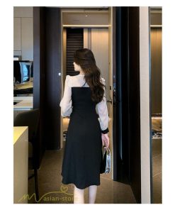 ミディアム | Aラインワンピース 切り替えワンピース 秋コーデ レディース 長袖 膝丈ワンピース 美ライン シルエット 無地 フォーマル 黒ワンピース お呼ばれ オフィス