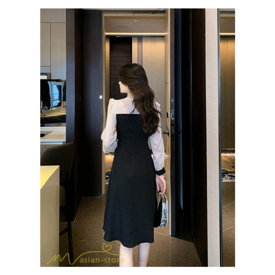 ミディアム | Aラインワンピース 切り替えワンピース 秋コーデ レディース 長袖 膝丈ワンピース 美ライン シルエット 無地 フォーマル 黒ワンピース お呼ばれ オフィス