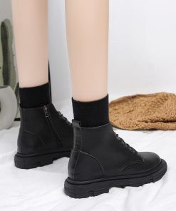ショートブーツ | ラウンドトゥレディース サイドファスナー レースアップ 厚底シューズ 滑り止めソール チャンキーヒール 太ヒール シューズ ブーツ 厚底 黒