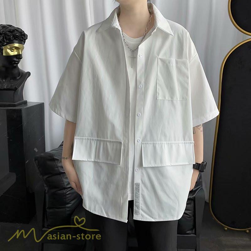 シャツ | メンズ 半袖 トップス ワイドTゆったり 無地 ライトアウター 着回し 夏新作 コーデ 白黒細身 通勤通学 XXL 日常感 大きいサイズ