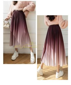スカート | プリーツロングミモレ丈 グラデーションAラインウエストゴム ハイウエスト 秋冬 無地 ゆったり 大人 通学通勤