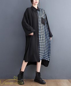 シャツワンピース | ワンピース 長袖 秋 新作 チェック柄 ゆったり 切り替え フリーサイズ ウエストリボン 体型カバー シンプル 大人 バルーンスリーブ 前開き