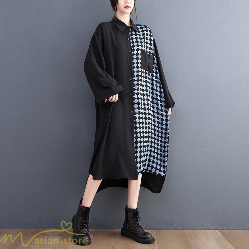シャツワンピース | ワンピース 長袖 秋 新作 チェック柄 ゆったり 切り替え フリーサイズ ウエストリボン 体型カバー シンプル 大人 バルーンスリーブ 前開き