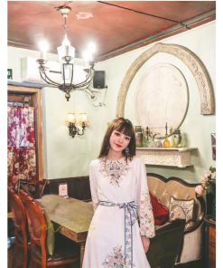 マキシ | ロングワンピース 長袖 レディース プリント Aラインワンピース 30代40代 ゆったり ワンピ 広い裾 ベルト付き ダンス プリンセス 舞台 落ち感 コスプレ