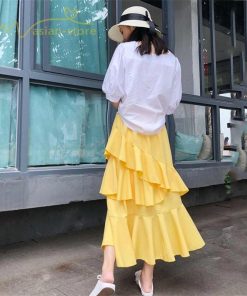 スカート | Aライン フレア裾 不規則アシンメトリー シフォン 韓国風 ティアード フリーサイズ 2020夏コーデ プリーツフレア ウエストゴム ハイウエスト