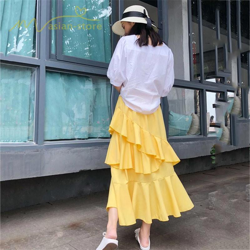 スカート | Aライン フレア裾 不規則アシンメトリー シフォン 韓国風 ティアード フリーサイズ 2020夏コーデ プリーツフレア ウエストゴム ハイウエスト