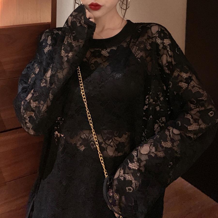 透かし編みトップス | シースルーレーストップス 花柄 春