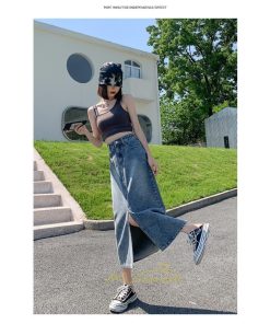 スカート | フロントスリット入れデニム秋物 レディース ロング丈 ハイウエスト タイトAライン美ライン 通学通勤 フェミニン 大人 おしゃれ
