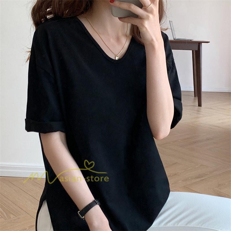 tシャツ・カットソー | Tシャツ ティーシャツ トップス カットソー レディース 春 夏 半袖 無地 綿 スリット 20代30代40代50代 お出かけ 体型カバー 通勤通学 着回し カジュアル 上品