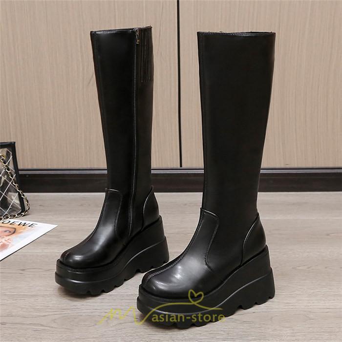 ロングブーツ | レディース ブーツ 厚底 歩きやすい 痛くない 定番 カジュアル 人気ブーツ ファスナー 黒 ブラック シンプル 美脚 おしゃれ 白 オフホワイト