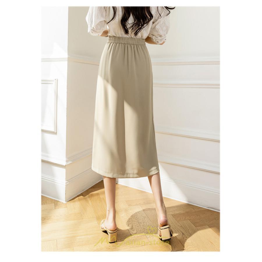 スカート | ボトムス 膝下 スリット ひざ下 Aライン ウエストゴム 楽 大人 きれいめ 20代 30代 40代 サイドチャック 通勤 上品 ビジネス オフィス