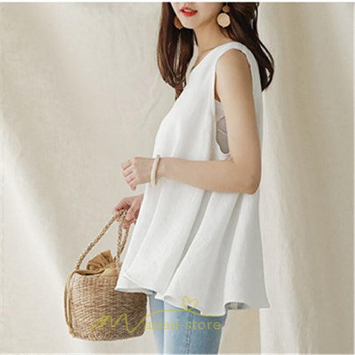 シャツ・ブラウス | ブラウス トップス ノースリーブ レディース tシャツ タンクトップ ベルト付き 広い裾 フレア裾 涼しい 涼感 体型カバー ゆったり 綿麻 夏 おしゃれ 大人 無地
