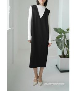 ノースリーブ | タンクワンピース 秋物 レディース ワンピース サイドポケット Vネック バックスリット入れ 20代50代 通学通勤 無地 大人 2022秋冬