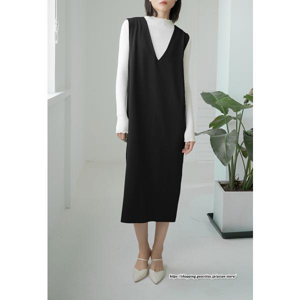 ノースリーブ | タンクワンピース 秋物 レディース ワンピース サイドポケット Vネック バックスリット入れ 20代50代 通学通勤 無地 大人 2022秋冬