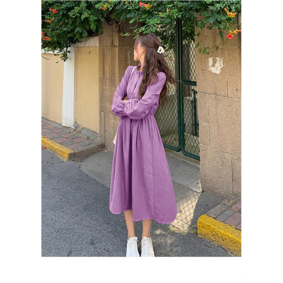 マキシ | ワンピース レディース 秋 冬 長袖 おしゃれ きれいめ フリル 可愛い 無地 ロング丈 ミモレ丈 ゆったり 2021 シンプル 秋新作 ゆったり 上品 カジュアル