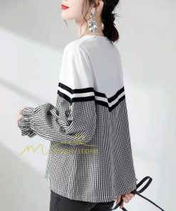 シャツ・ブラウス | ドッキングブラウス レディース シャツ 長袖 秋物 トップス 切り替え ブラウスシャツ 異素材 秋コーデ ロングスリーブ スリム 長袖Tシャツ チェック柄 無地