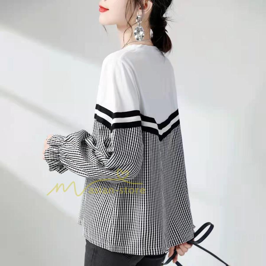 シャツ・ブラウス | ドッキングブラウス レディース シャツ 長袖 秋物 トップス 切り替え ブラウスシャツ 異素材 秋コーデ ロングスリーブ スリム 長袖Tシャツ チェック柄 無地