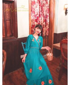 マキシ | ワンピース レディースワンピース 春夏 マキシワンピース ハイウエスト 長袖 二次会 通勤 OL 40代 着痩せ 刺繍 Vネック Aライン カジュアル エスニック 4色