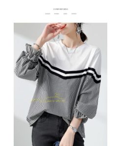 シャツ・ブラウス | ドッキングブラウス レディース シャツ 長袖 秋物 トップス 切り替え ブラウスシャツ 異素材 秋コーデ ロングスリーブ スリム 長袖Tシャツ チェック柄 無地