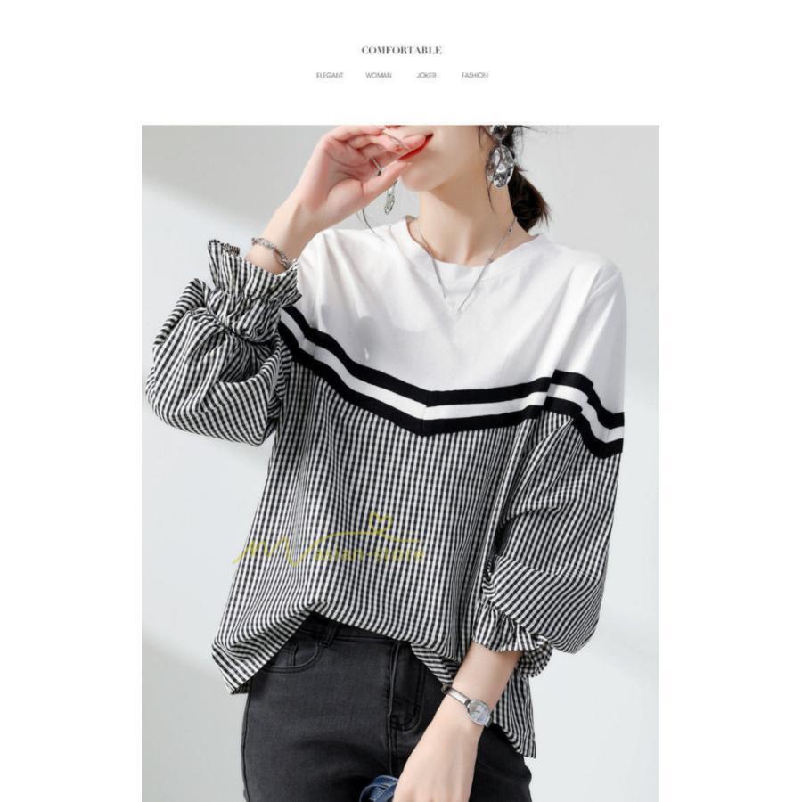 シャツ・ブラウス | ドッキングブラウス レディース シャツ 長袖 秋物 トップス 切り替え ブラウスシャツ 異素材 秋コーデ ロングスリーブ スリム 長袖Tシャツ チェック柄 無地