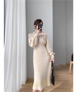 ニットワンピース | レディース 冬 きれいめ ロング おしゃれ 秋冬 長袖 送料無料 着痩せ 無地 通勤 提灯袖 可愛い パフスリーブ 20代30代40代50代