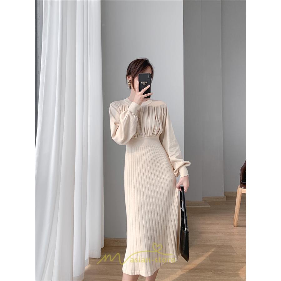 ニットワンピース | レディース 冬 きれいめ ロング おしゃれ 秋冬 長袖 送料無料 着痩せ 無地 通勤 提灯袖 可愛い パフスリーブ 20代30代40代50代