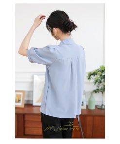 シャツ・ブラウス | シフォンブラウス 半袖 レディース シフォン ブラウス 白 青 フォーマル 開襟 服 バブルスリーブ 蝶結び 着痩せ 春 韓国風 通勤 おしゃれ 女性 上品 夏