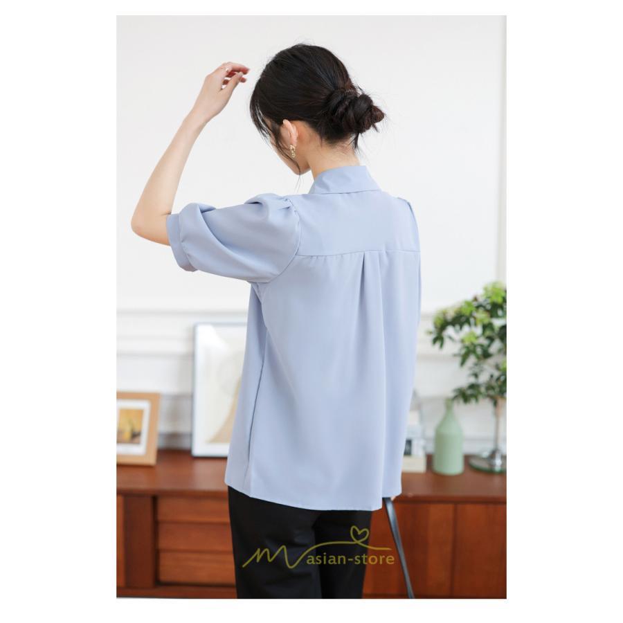 シャツ・ブラウス | シフォンブラウス 半袖 レディース シフォン ブラウス 白 青 フォーマル 開襟 服 バブルスリーブ 蝶結び 着痩せ 春 韓国風 通勤 おしゃれ 女性 上品 夏